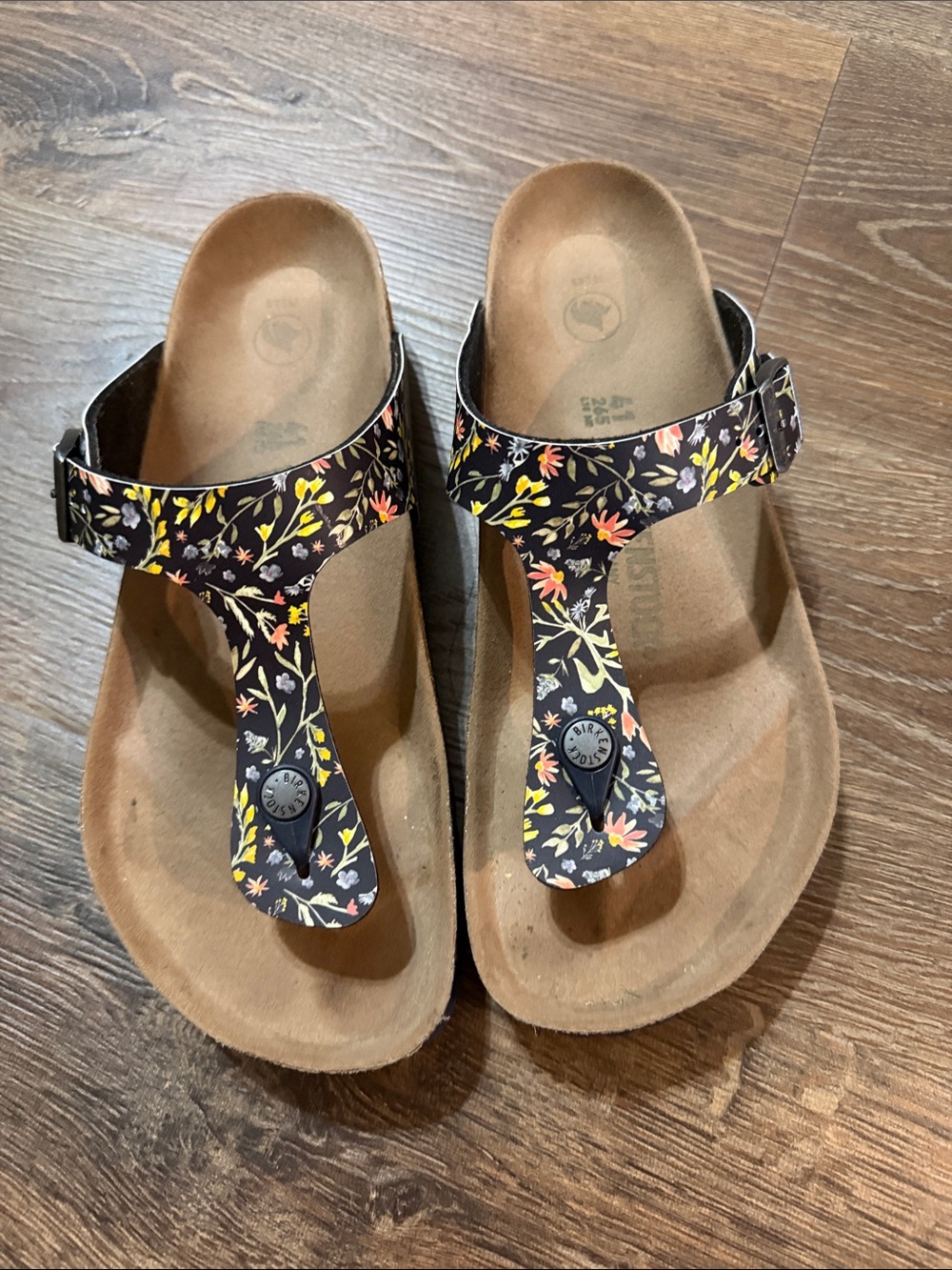 Birkenstock Black Floral T-Strap Sandals with Yellow & Pink Accents
